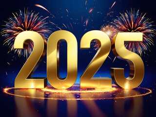 2025 golden text on dark blue background with fireworks new year celebration concept	