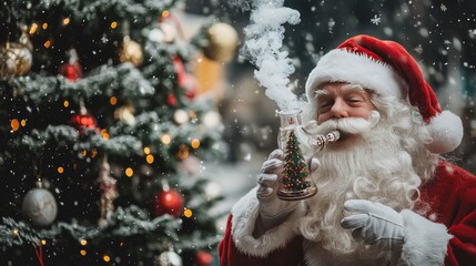 Santa Claus, surrounded by falling snow and a sparkling Christmas tree, smokes from a festive glass pipe. The snowy backdrop and magical lights add a whimsical holiday touch, ideal for seasonal