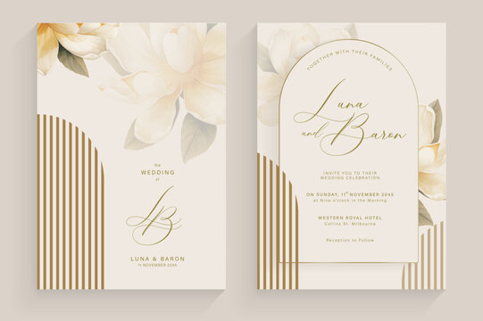 Aesthetic Wedding Invitation Template with Vintage White Flower Watercolor Arrangement