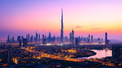 Dubai Skyline at Sunset Showing Burj Khalifa