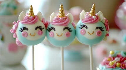 Colorful unicorn cake pops with playful expressions and decorative details.