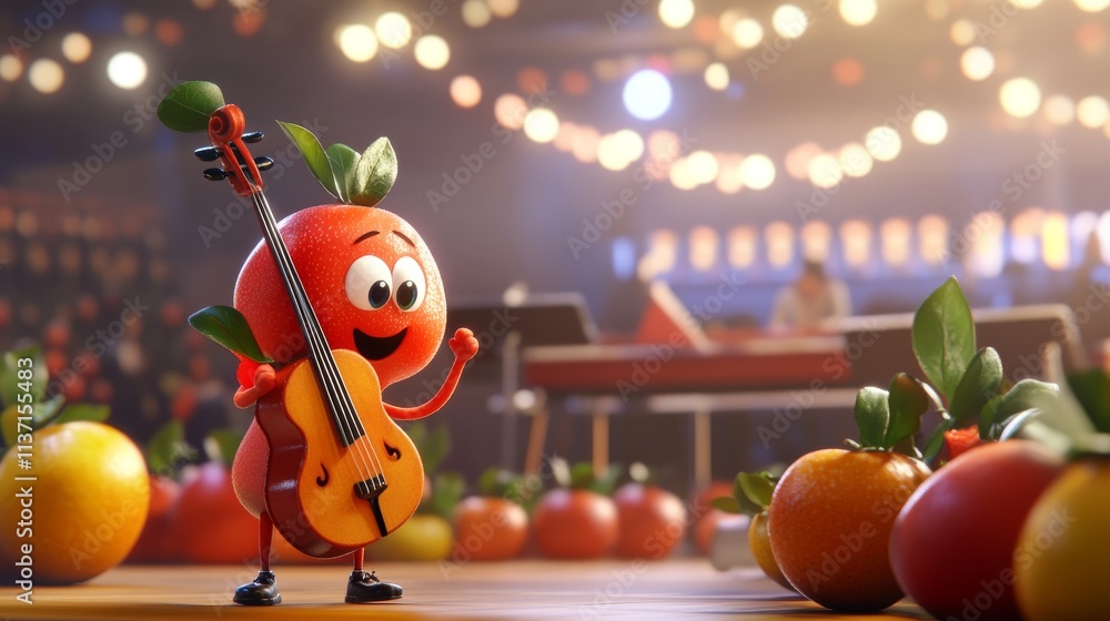 Poster a lively orange fruit character with a smile plays a cello in a whimsical scene filled with vibrant 