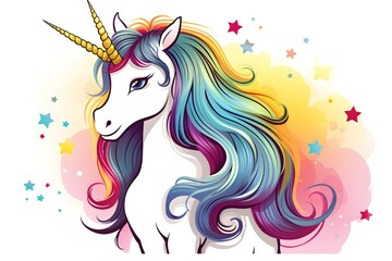 Vector cartoon cute unicorn with rainbow mane on white background. Children's illustration. Magic. Wonderland.
