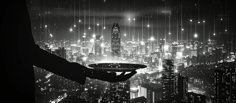 Fototapeta Silhouette of a Hand Holding a Cityscape Above a Night City