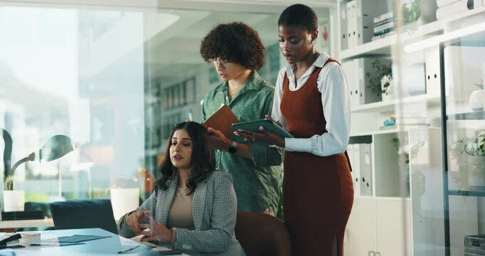 Business people, coaching intern and team on laptop for help or discussion in creative startup. Group, training and manager on computer for learning, planning or event coordinator on tablet for notes
