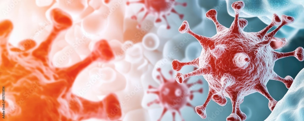 Poster cancer cells concept. close-up view of virus with vibrant colors showcasing cellular structures and 