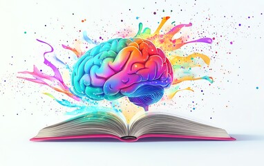 A colorful brain emerging from an open book, representing creativity and technology, with vibrant lines radiating from the brain, white background, modern and highdefinition style