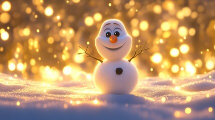 Obraz premium Cheerful Snowman Surrounded by Glowing Winter Lights and Snow