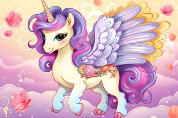 Vector cartoon cute unicorn with rainbow mane on white background. Children's illustration. Magic. Wonderland.
