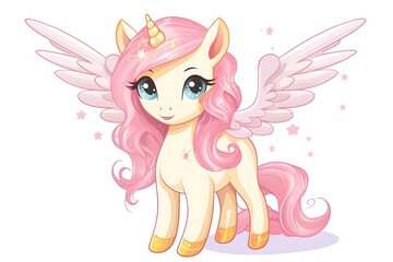 Vector cartoon cute unicorn with rainbow mane on white background. Children's illustration. Magic. Wonderland.
