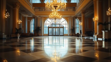Grand Entrance Hall With Gleaming Floor And Chandeliers