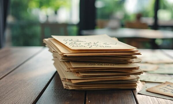 A stack of vintage letters on a wooden table in a cozy setting.