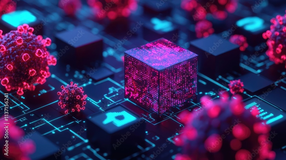 Poster cancer cells concept. abstract digital scene featuring colorful blocks amidst virus-like structures.