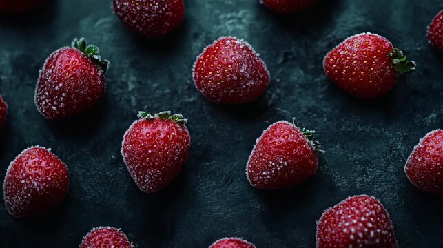 A collection of frozen strawberries is neatly arranged on a dark textured surface, with frosty details visible on each berry. Perfect for themes of fresh produce, healthy eating, or food preservation
