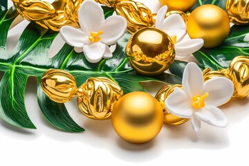 Elegant Gold and White Floral Arrangement with Holiday Ornaments