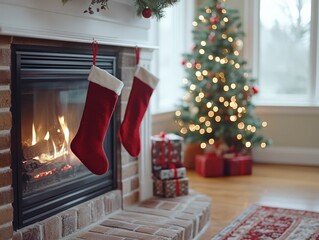 Cozy Christmas Scene with Fireplace and Tree