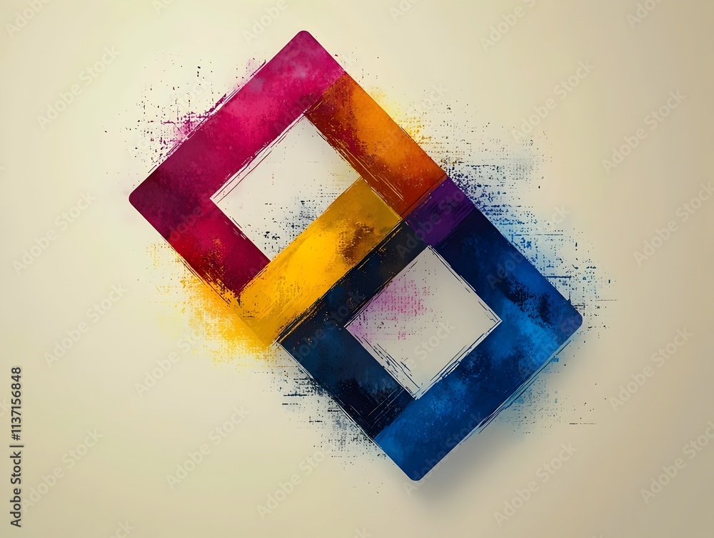 Poster an abstract design featuring two overlapping squares in vibrant colors of magenta, orange, yellow, b
