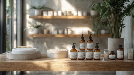 Minimalist skincare products displayed on wooden shelves