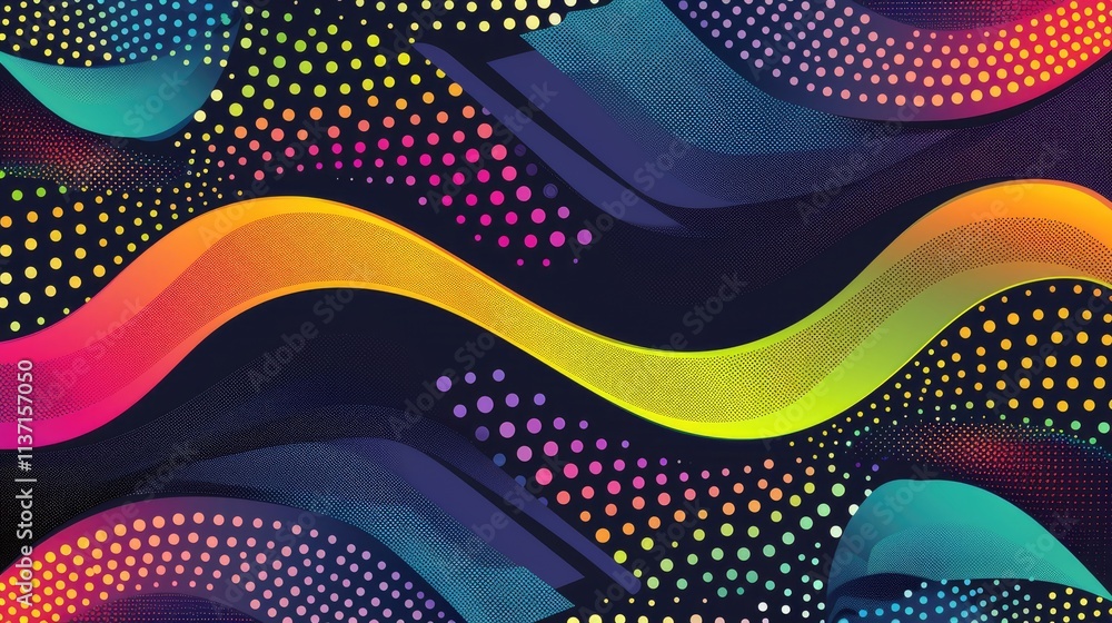 Poster abstract colorful wave pattern with dots on a dark background, ideal for graphic design.