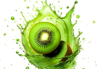Kiwi fruit in juice splash isolated on white background. 3d illustration