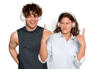 Png couple listening to music sticker, transparent background