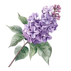 Elegant Watercolor Illustration of a Purple Lilac Flower with Soft Green Leaves on a White Background, Highlighting Natural Beauty, Delicate Petals, and Artistic Detailing