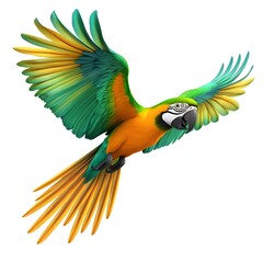Fototapeta premium Vibrant Flying Macaw with Outstretched Wings in Shades of Green, Blue, and Orange, Capturing the Grace and Beauty of a Tropical Parrot in Flight on a White Background