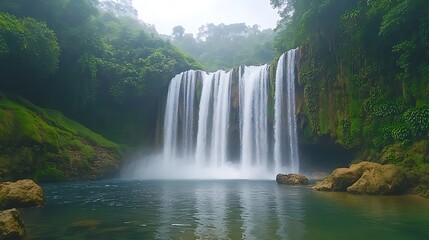 Fototapeta premium Majestic Waterfall Cascading Through Lush Green Foliage