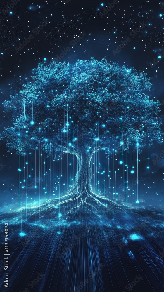 Poster creativity startup expansion concept. glowing blue tree with starry background and cascading lights.