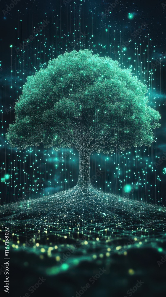 Poster creativity startup expansion concept. digital tree made of glowing particles in a dark environment.