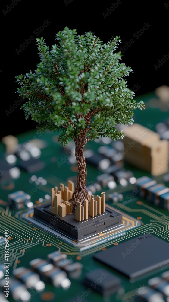 Poster creativity startup expansion concept. a tree growing on a computer circuit board symbolizes tech and