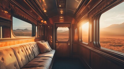 Luxurious Train Cabin Sunset Landscape View