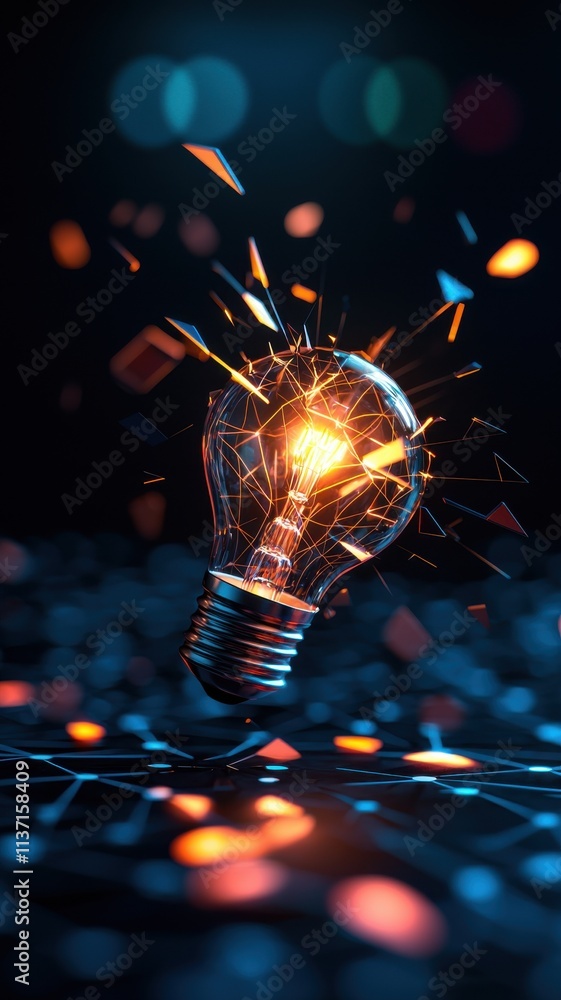 Poster creativity startup expansion concept. illuminated light bulb with sparks against a colorful backgrou