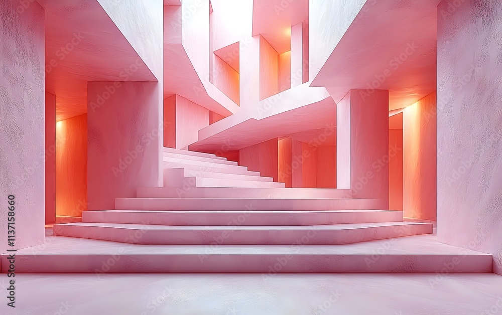 Poster a stunning, ethereal interior space showcasing an abstract design with soft pink hues and intricate 