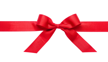 Red satin gift ribbon and bow isolated on transparent background, Christmas or birthday or Valentines Day holiday celebration, png