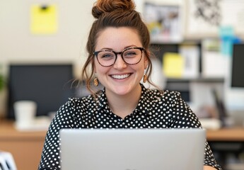 Young Woman with Glasses Smiling at Laptop in Modern Office Setting