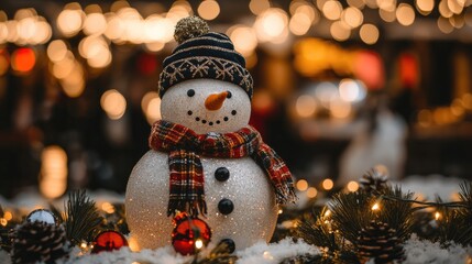 Adorable Snowman Decorated for Christmas with Festive Lights
