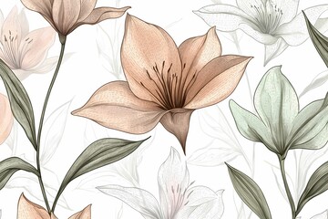 Elegant Floral Pattern with Soft Pastel Colored Flowers and Leaves