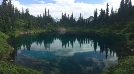 Serene lake reflects lush forest and mountains