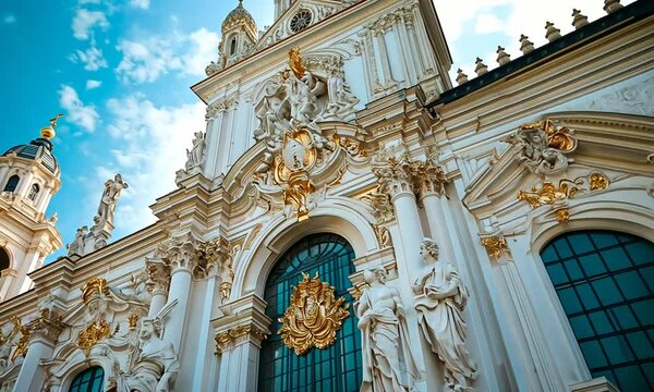 Ornate baroque architecture featuring sculptures and a dome.