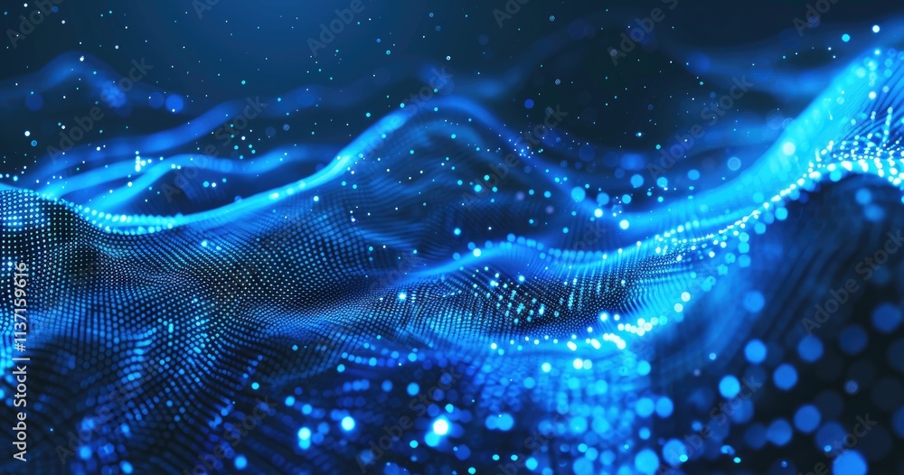 Poster abstract representation of flowing waves with glowing blue particles.