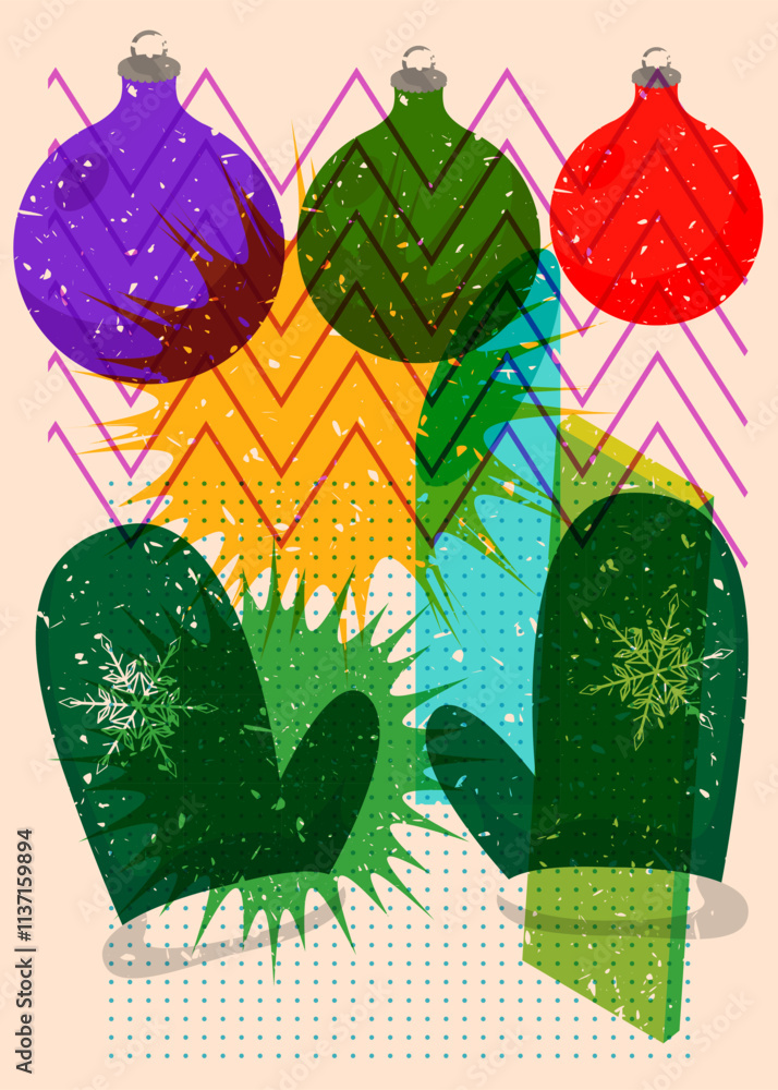 Poster risograph mitten glove and christmas decoration ball with geometric shapes. objects in trendy riso g