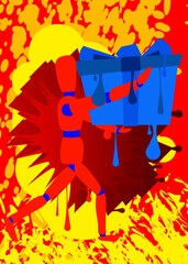 Wooden puppet holding gift box graffiti. Abstract modern street art decoration performed in urban painting style.