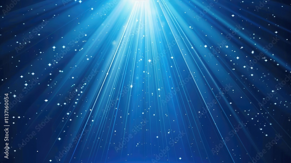 Poster a serene blue background with rays of light and floating particles, evoking tranquility.