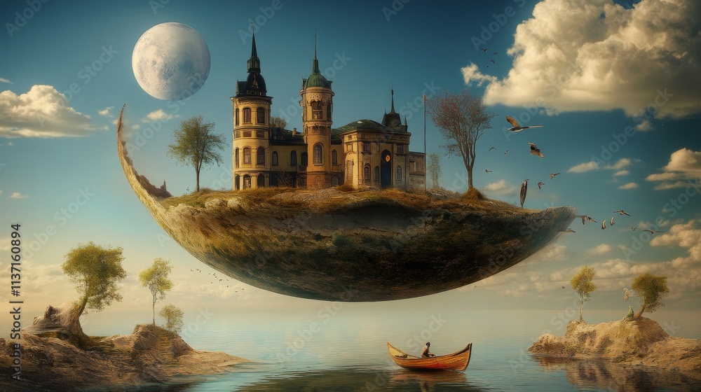 Poster a surreal floating island with a grand castle set against a twilight sky, complete with a crescent m