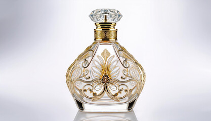  Classic perfume bottle, crystal-clear glass with intricate engraving, gold embellishments on cap and rim, isolated on a bright white background