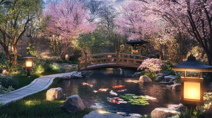 Fototapeta premium Serene Koi Pond: Tranquil Garden with Wooden Bridge and Cherry Blossoms