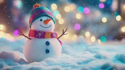 Cheerful Snowman Surrounded by Colorful Holiday Lights and Snow