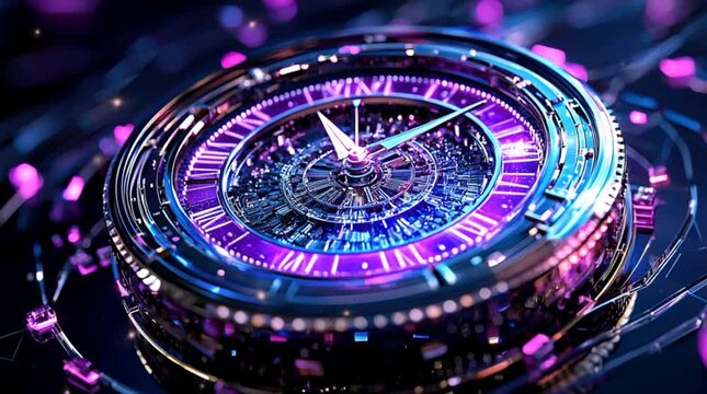  A futuristic clock with glowing lights, , symbolizing the start of something new.