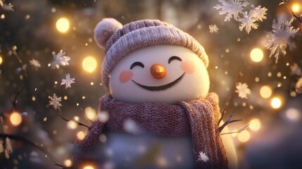 Fototapeta premium Cheerful Snowman Smiling Amidst Soft Snowflakes and Christmas Lights